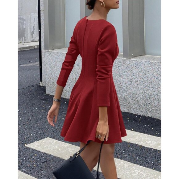 Women  Red High Waist Pleated Flowy A Line Long Sleeve Casual Fall Dress - Picture 3 of 5